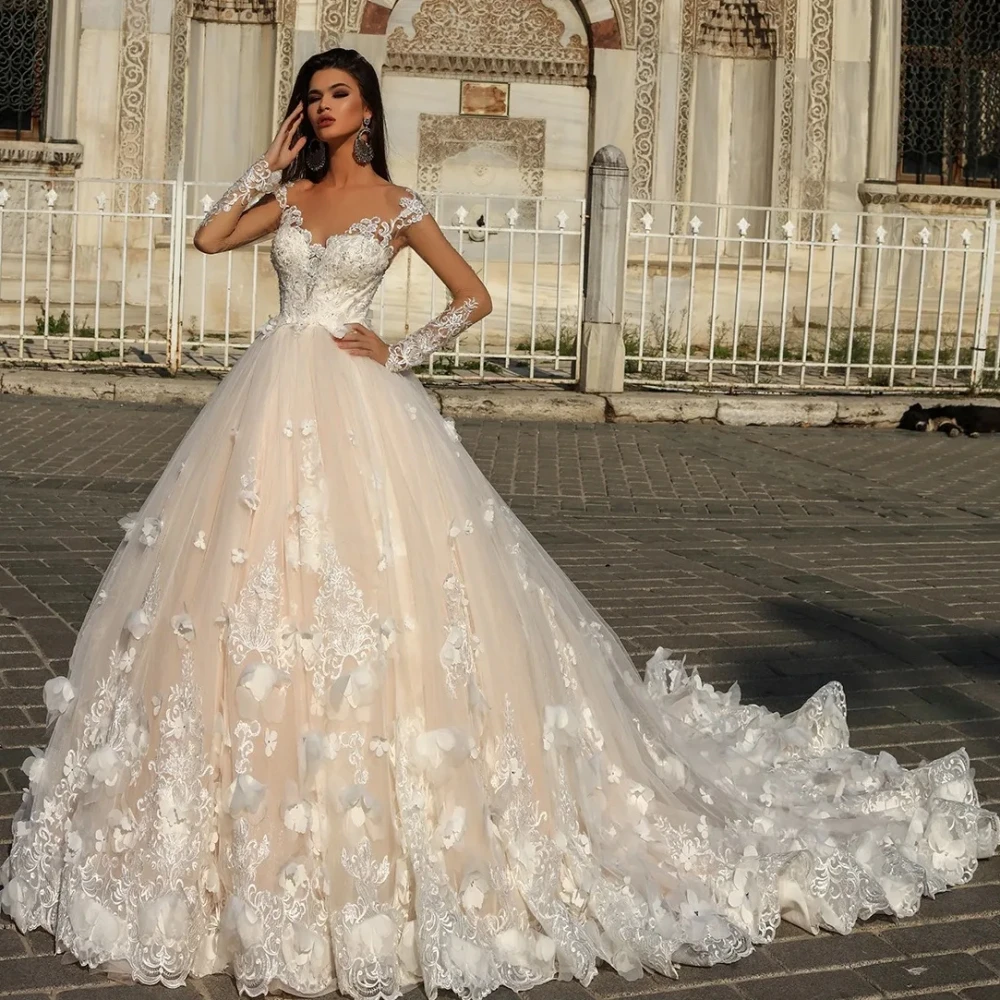 Robe de mariée en tulle avec appliques en dentelle florale, enchantement A-ligne, manches longues transparentes sexy, robe de patients en cristal, robe éducative, 2024