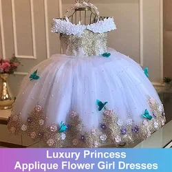 Luxury Princess Applique Flower Girl Dresses For Wedding Tulle Pearls Ball Kids Pageant Gown Birthday Party First Communion Wear