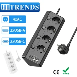 4 Way Outlets EU Power Strip Surge Protector with 2 USB and 2 Type-C, Multiple Socket with Independent Switches Corner Socket