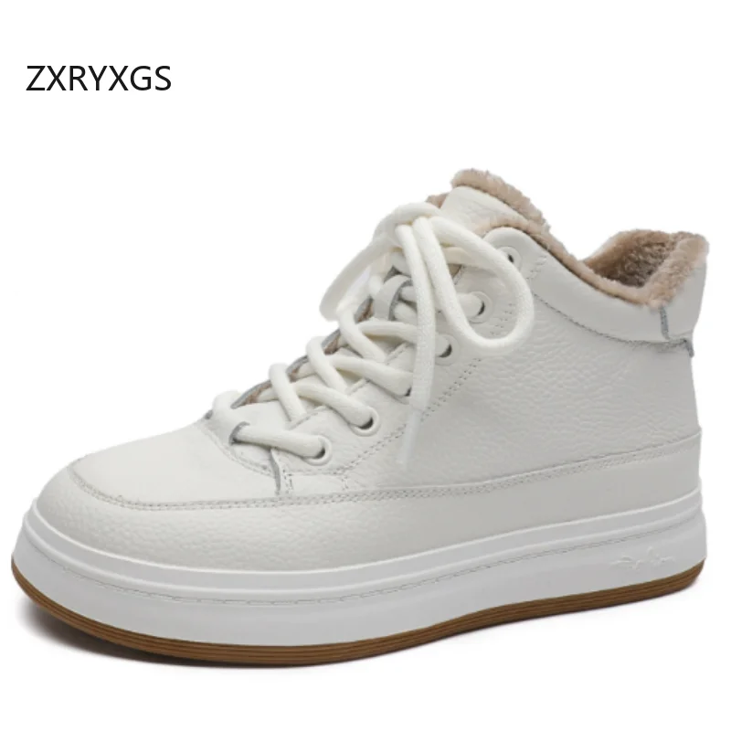 ZXRYXGS Top Layer Cowhide White Sneakers Trend Boots Single Shoes Flat 2025 Autumn Winter Sneaker Warm Snow Shoes Women Sneaker