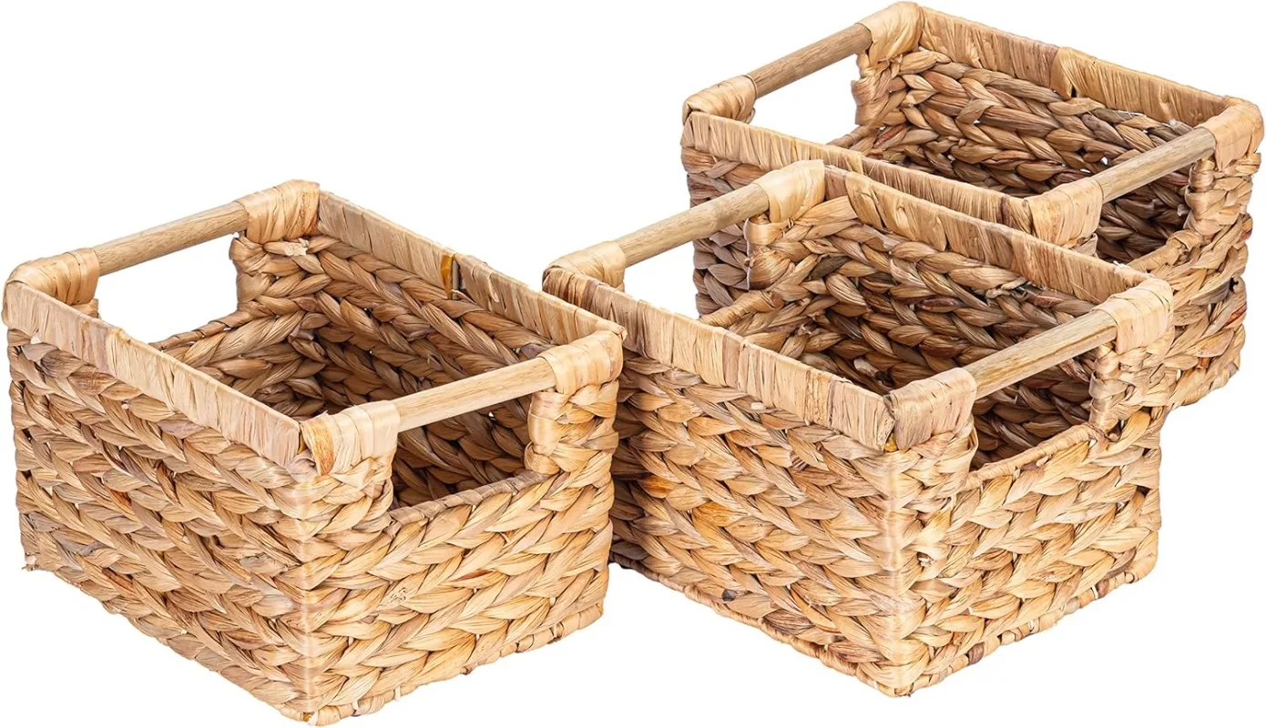 

Small Wicker Baskets for Organizing Bathroom, Hyacinth Storage Baskets With Wooden Handle, Decorative 10 x 7.5 x 6.3 Inches - 3