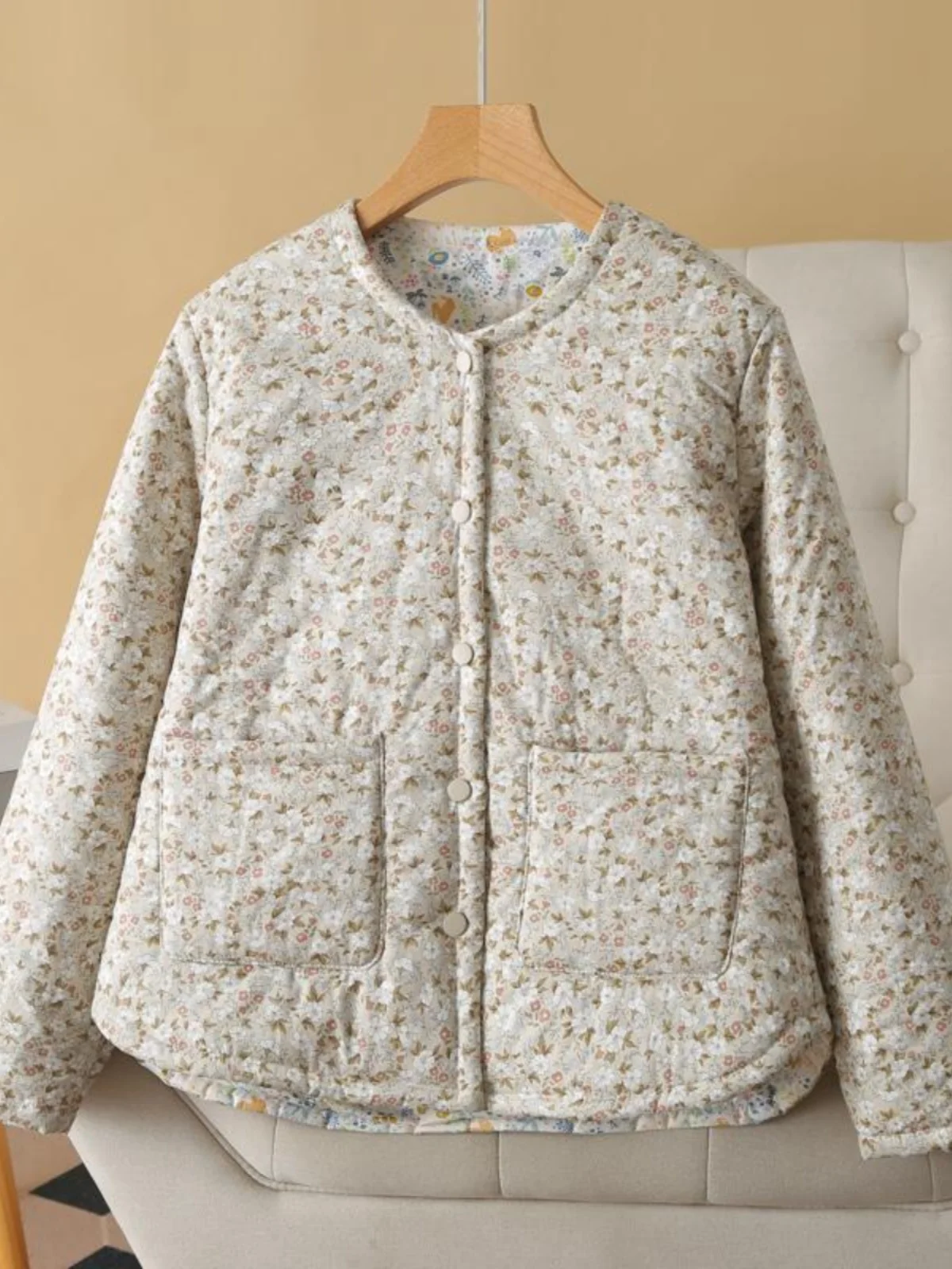 Winter Women's Double Layer Floral Print Cotton Jacket Large Size round Neck Single Button Double Pocket Warm Cotton Coat