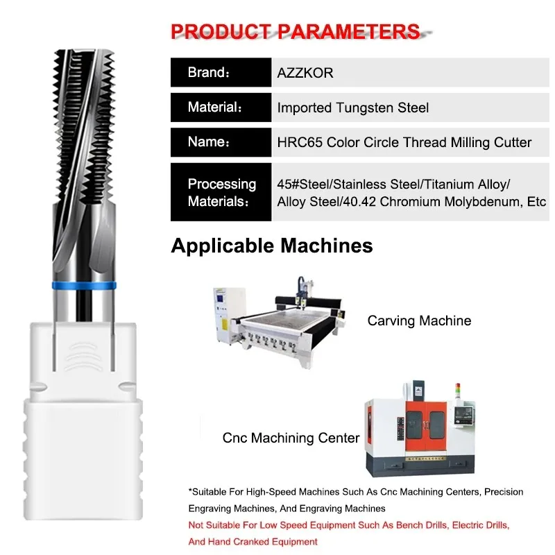 AZZKOR-fresadora de hilo de dientes completos HRC65, herramienta de mecanizado CNC, revestimiento negro de carburo de acero de tungsteno, alta dureza