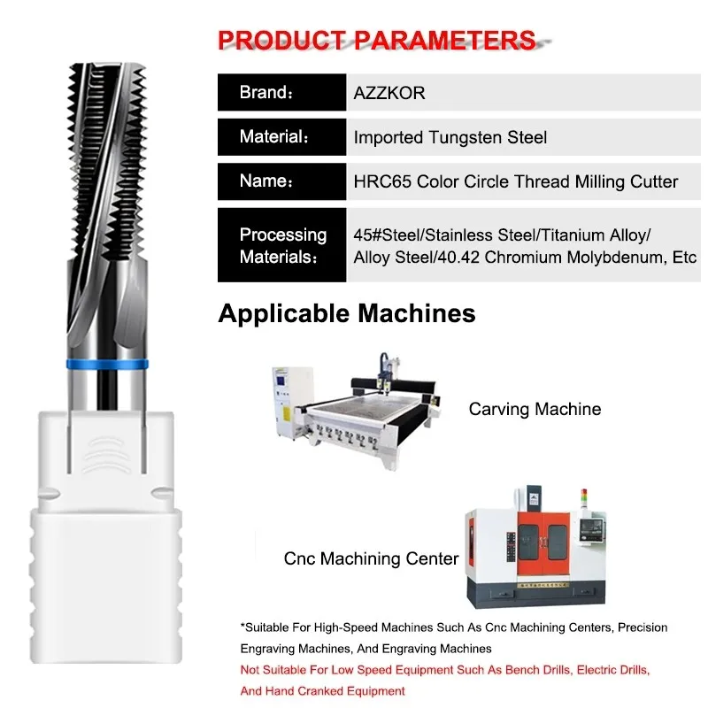 AZZKOR HRC65 Full-Teeth Thread Milling Cutter Tungsten Steel Carbide Black Coating High Hardness Endmills For CNC Machining Tool