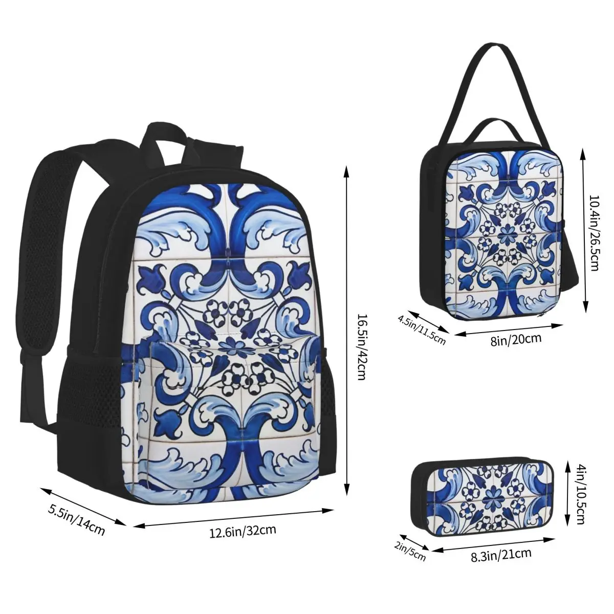 Tile Floral Pattern Backpacks Boys Girls Bookbag Students School Bags Kids Rucksack Lunch Bag Pen Bag Three-Piece Set