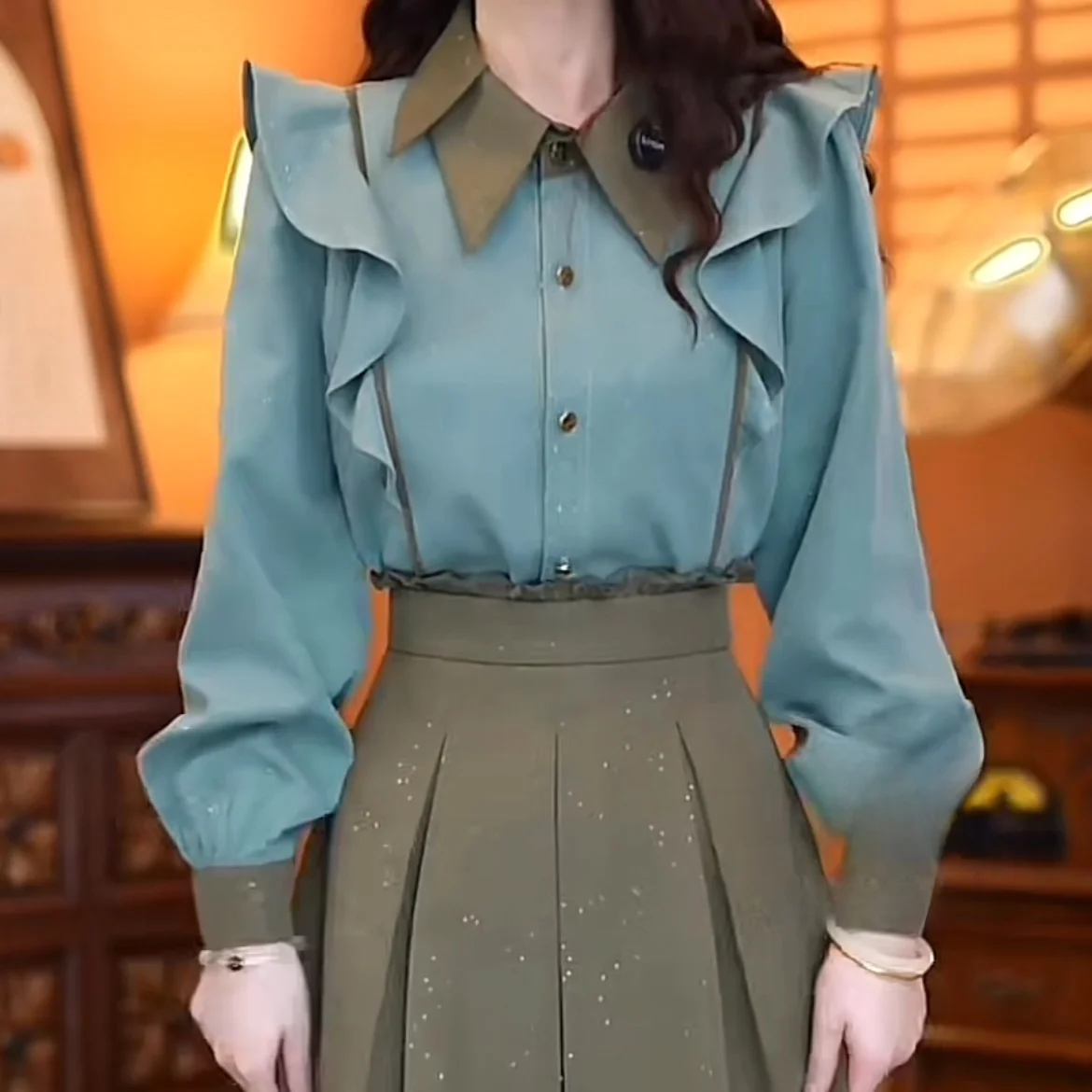 Damen Long Sve irt Thiened Patchwork Farbe Schlichtes Design Frühling Herbst Street Sle Loose Fit Bubble Sve Polyester