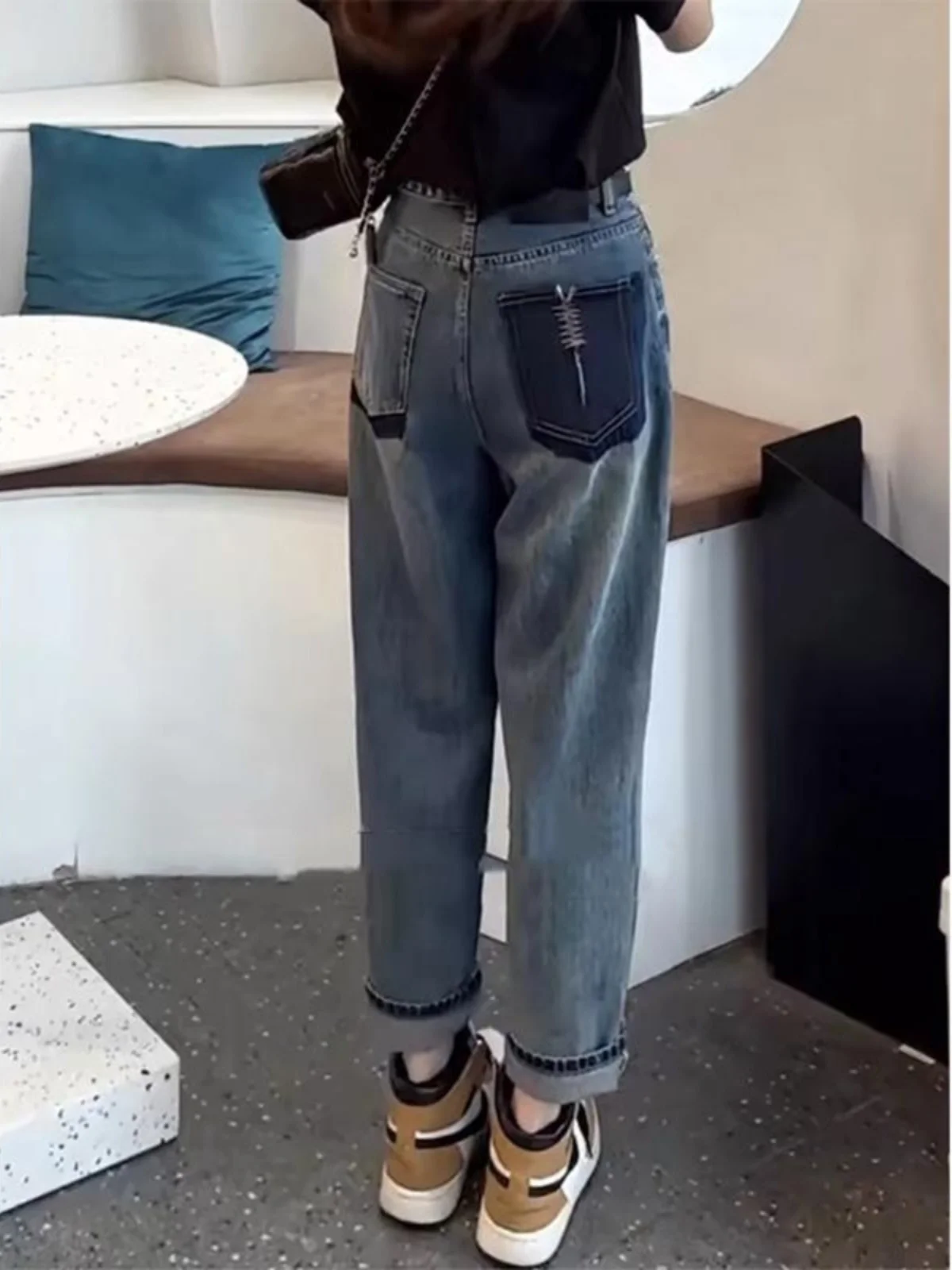 Thiened Fce اصطف هارلان الدينيم الجينز المرأة عالية الخصر فضفاضة تناسب التخسيس أبي الجزرة السراويل موسم الشتاء السراويل الطويلة