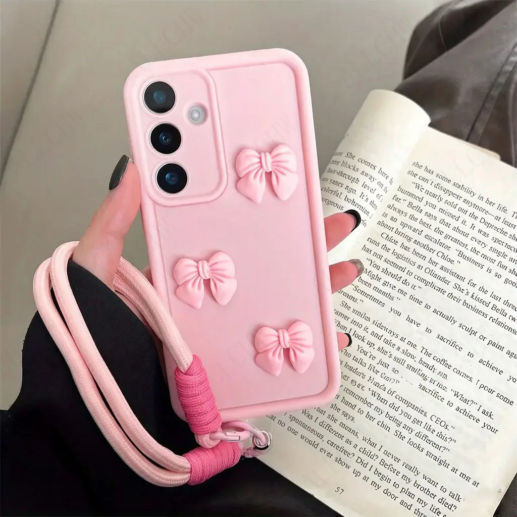 For Samsung Galaxy S26 S25 S24 Ultra S25FE S23 S22 Plus S21 Note20Ultra Phone Case 3D butterfly Bow  With Hand Strap Back Cover