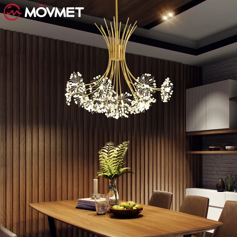 Nordic Flower Chandelier G4 LED Ceiling Light Crystal Gold Metal Dandelion Decor For Home Restaurant Bedroom Hall Living Room