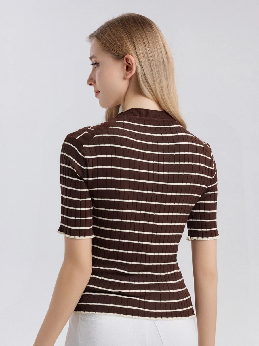 SuyaDream, T-shirt da donna a righe, girocollo, camicia chic a maniche corte, 70% seta 30% cotone, Top accogliente primavera estate 2025,