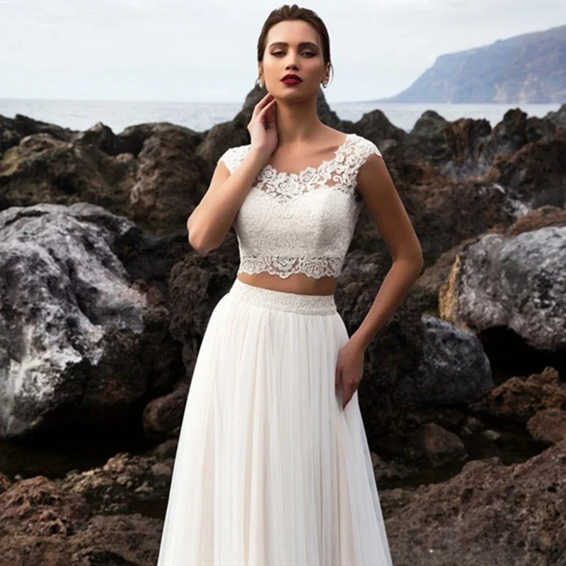 MYYBLE Two pieces Beach Wedding Gowns 2023 Elegant Bridal Dresses Boho Champagne Cap Sleeve illusion vestido de novia Vintage