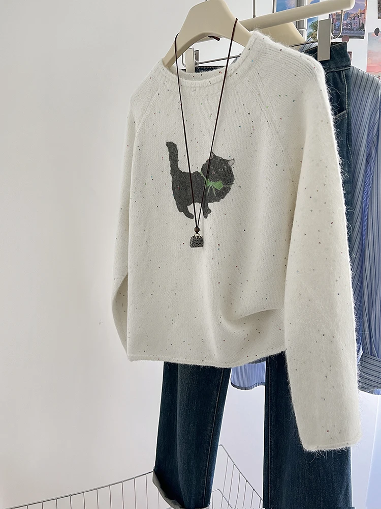 

Ленивый стиль, женский свитер, корейский круглый вырез, мягкий клейкий кот, милый свитер, свободный зимний новый повседневный женский трикотаж