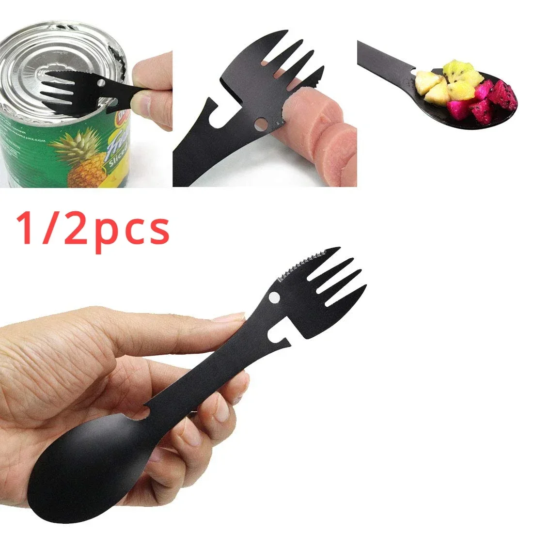 1/2PCS Multifunctional Camping Spork Stainless Steel Spoon Fork Knife Combo Utensil with Bottle Opener Survival Multitool