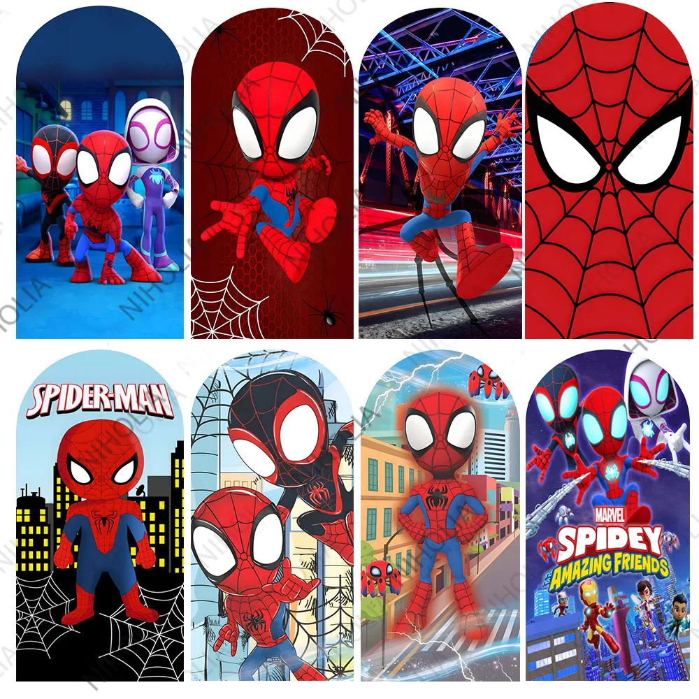 Spiderman dessin animé arc couvre Photo toile de fond bébé douche Photo fond garçons fête d'anniversaire double face tissu Photo stand accessoire
