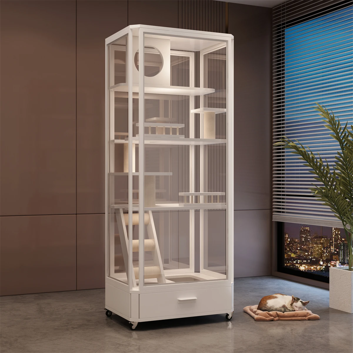 

Modern Luxury Indoor Cat House Panoramic Glass Villa Solid Wood Cage Litter Box Comfortable Nest for Living Room Pet Furniture