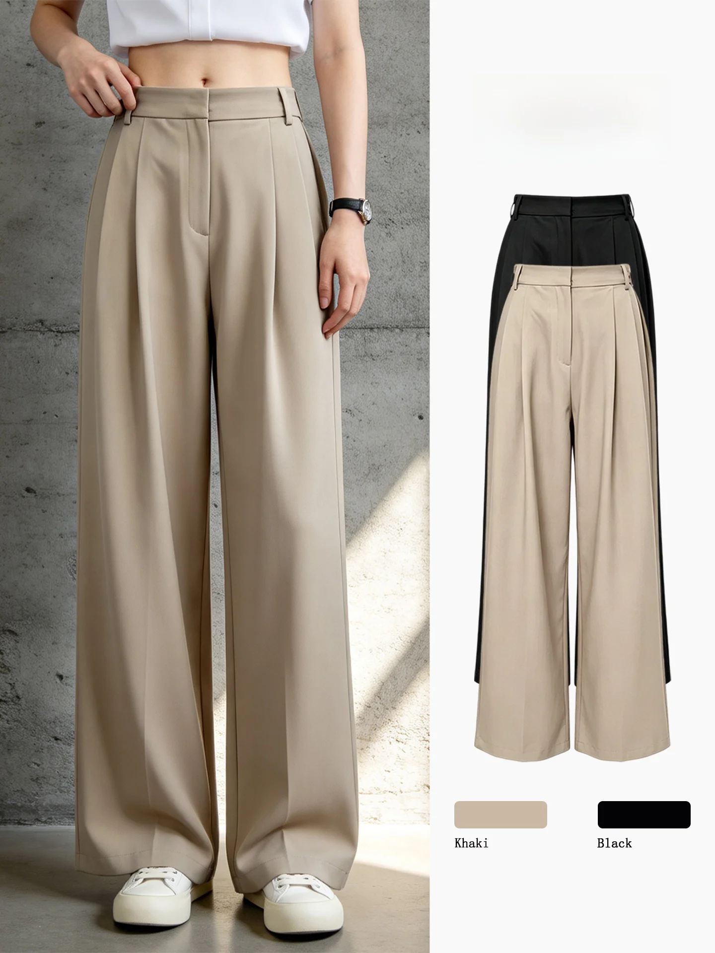 Khaki Wide Leg Suit Pants Women's Summer New High Waist Drape Casual Commute Slimming Straight Long Trousers Casual Style