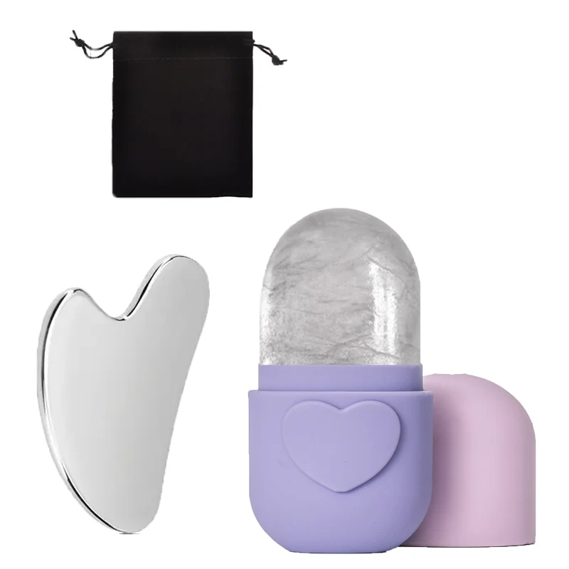 3-teiliges Silikon-Eis-Gesichtsroller- und Gua Sha-Werkzeugset aus Edelstahl (mit Aufbewahrungstasche), wiederverwendbare Gesichtspflegewerkzeuge.