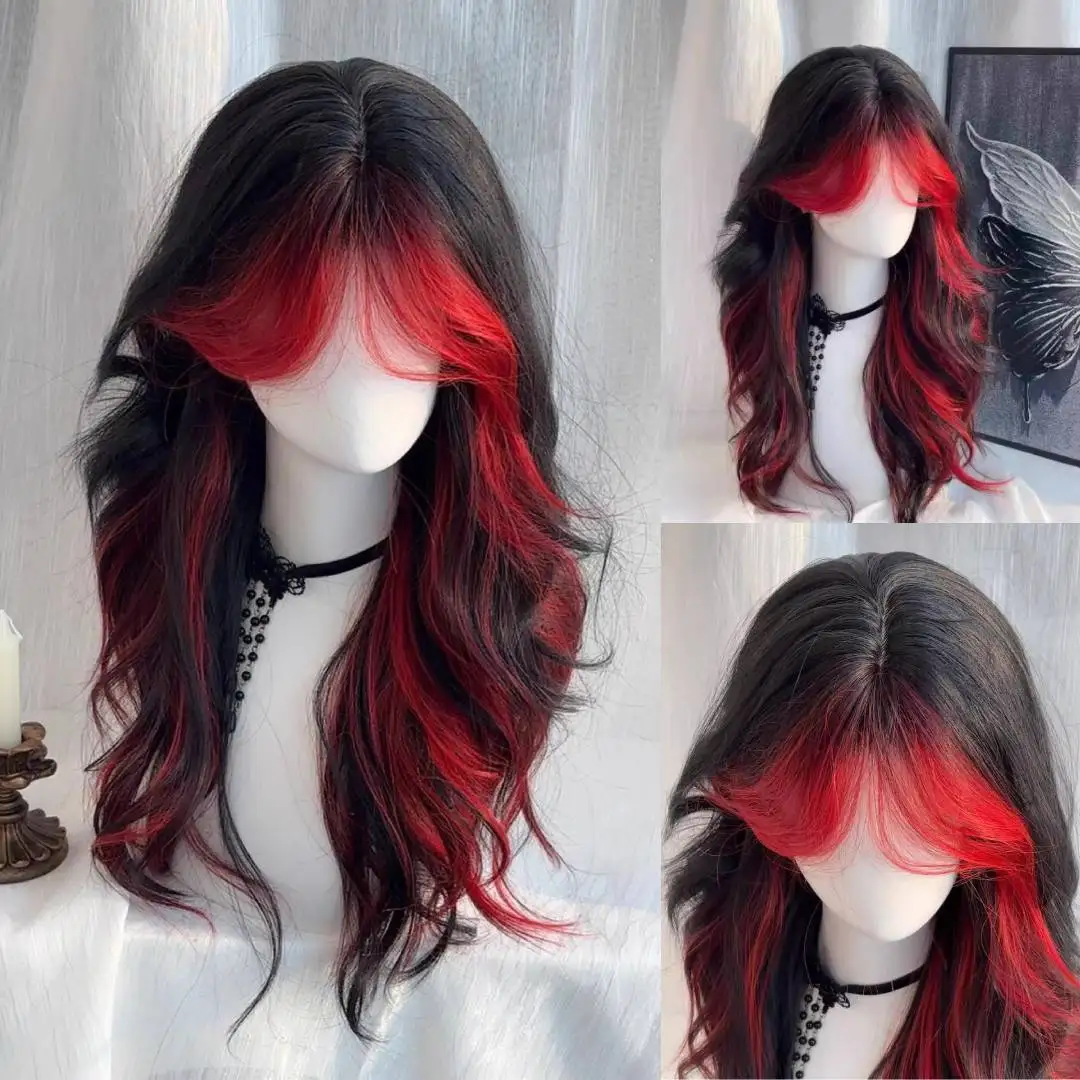 

Черный, красный, длинный волнистый парик с занавеской, челка, синтетические парики для косплея с омбре, термостойкие для женщин, повседневное использование для вечеринок