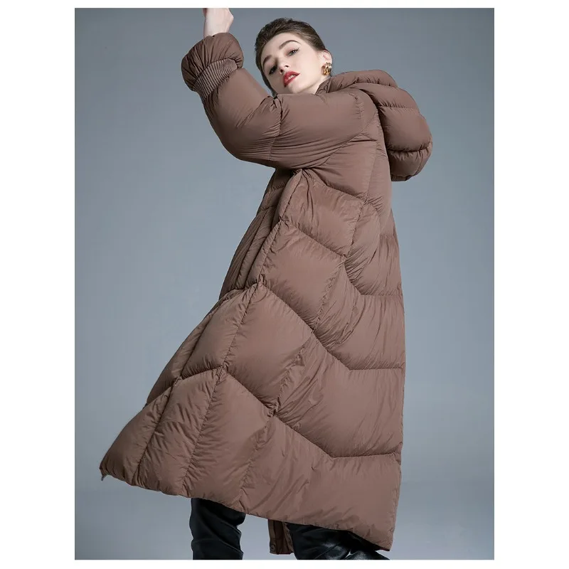 Luxury Design Women's Apparel Winter New 90% White Duck Down Thicken Hooded Oversized Fashion Slim-Fit Long Down Coat for Women