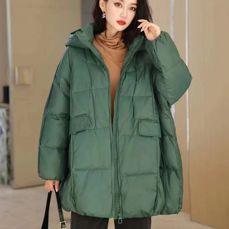 Jaqueta feminina 90% pato branco para baixo jaqueta com capuz outono inverno quente oversize puffer casaco casual solto grosso parkas feminino outwear