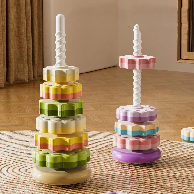 Toddler Rotating Rainbow Tower Baby Stacking Puzzle Toys Children Montessori Colorful Gears Rings Kids Early Educational Toy