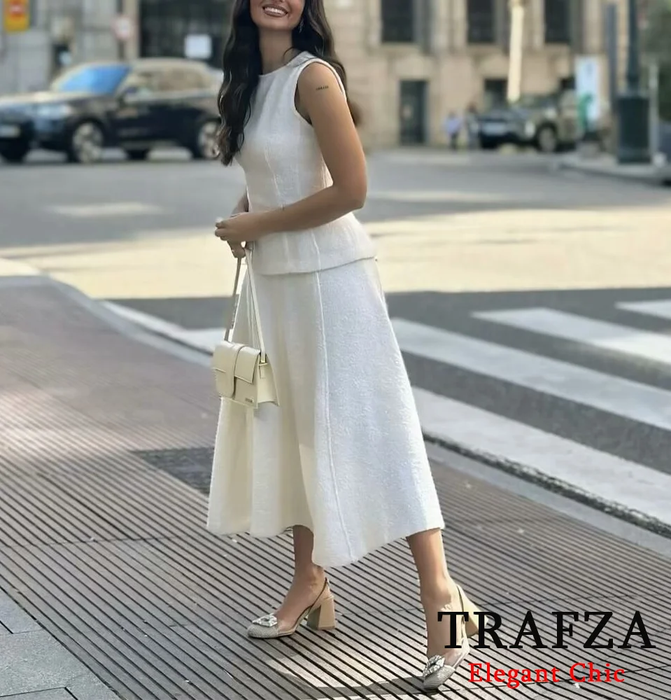 TRAFZA Women Elegant Beige Skirt Set Sleeveless Tank Top and A-line Maxi Skirt New Fall Winter High Street Vacation Skirt Set