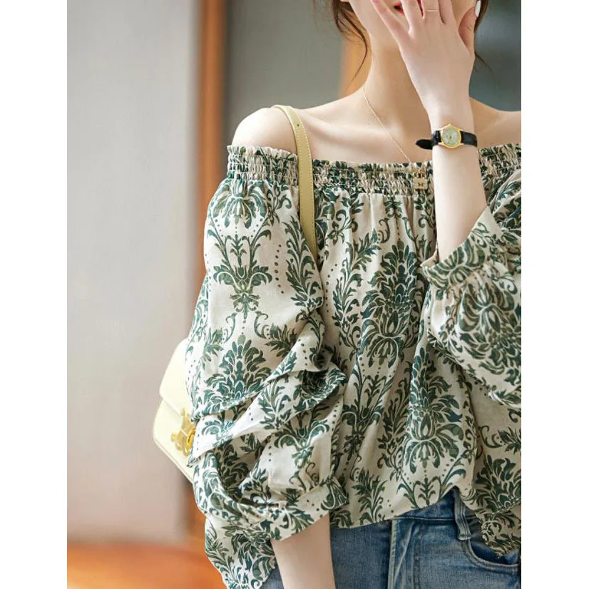 Boweylun Floral One Neck Women's Seven Sleeve T-Shirt Summer French Lantern Sleeve Loose Off-Shoulder Top