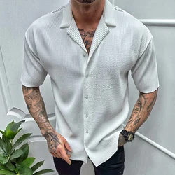 Leisure Solid Color Ribbed Shirts Men Clothes Fashion Short Sleeve Lapel Button Shirt 2023 Spring Summer Men's Casual Streetwear