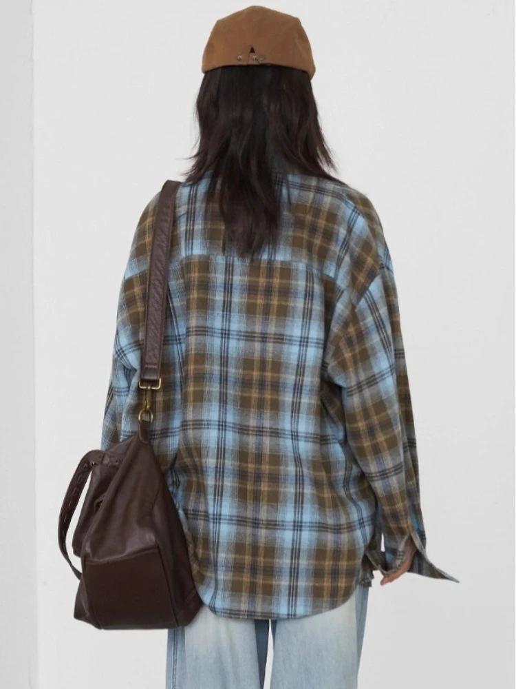 شيك فين المرأة قميص طويل الأكمام فضفاضة عادية نحى منقوشة قميص معطف منتصف طويل طول الإناث البلوزات ربيع الخريف 2025 #6