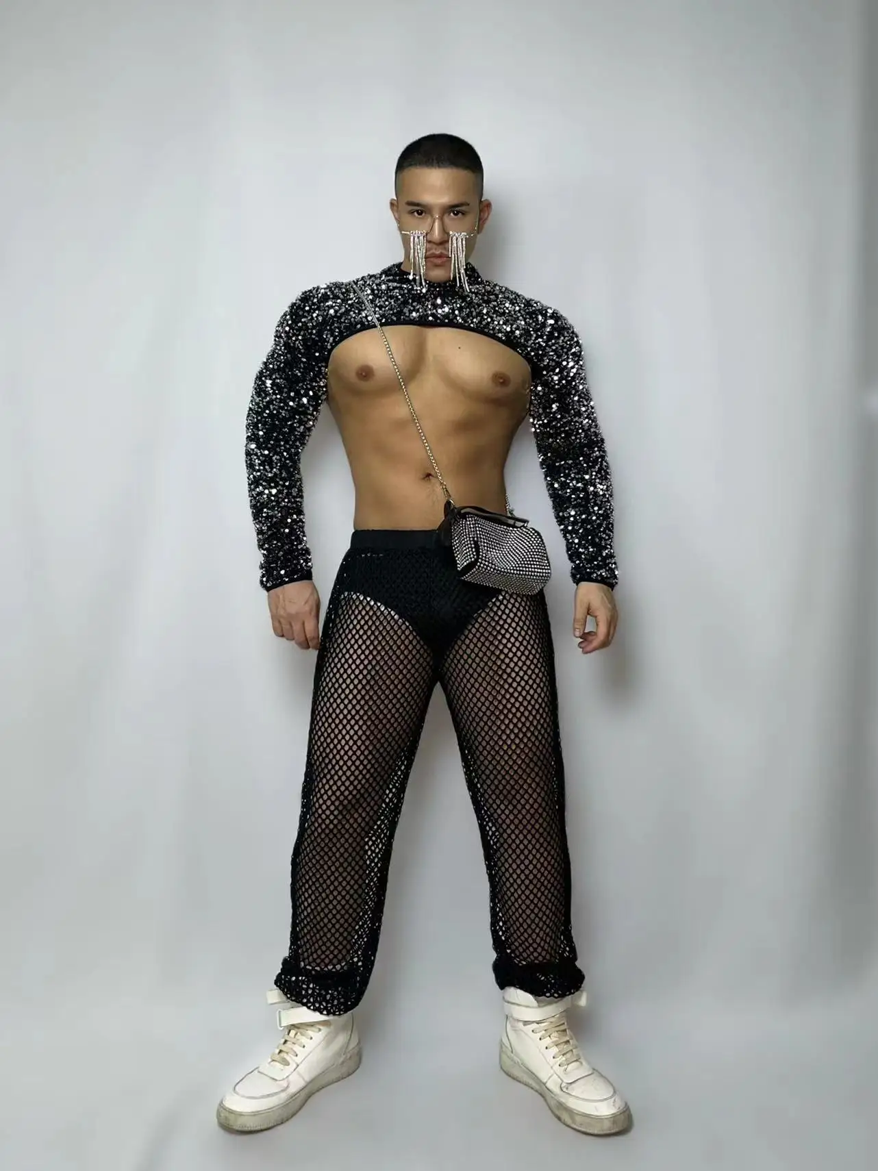 Male Nightclub DJ Pole Dance Costume Silver Sequins Shoulder Sleeve Mesh Pants Outfits Bar Dancer Gogo Party Performance Clothes