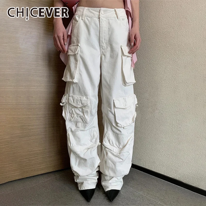 CHICEVER Streetwear Denim Jeans For Women High Waist Patchwork Botton Fashion Designer Loose Wide Leg Solid Cargo Pants Female