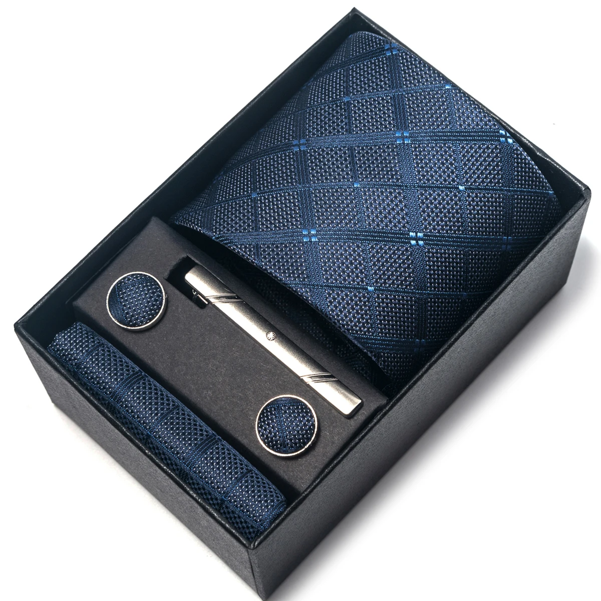 

100% Silk Tie Men Fashion Brand Tie Handkerchief Pocket Squares Cufflink Set Tie Clip Necktie Box Plaid