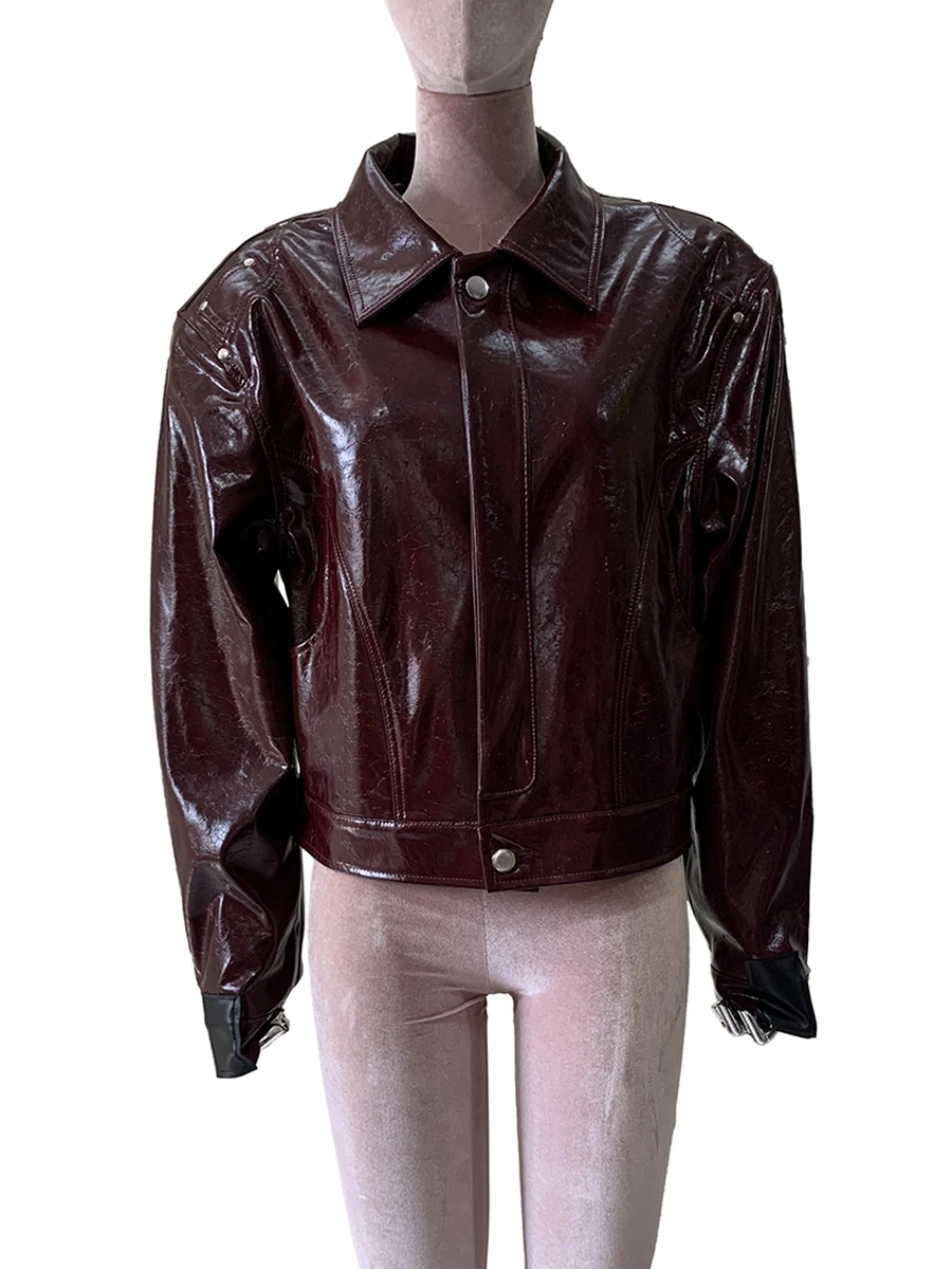 Spring Autumn Short Oversized Shiny Reflective Pu Leather Jacket Women Shoulder Pads Luxury Designer Emo Streetwear Clothes 2026