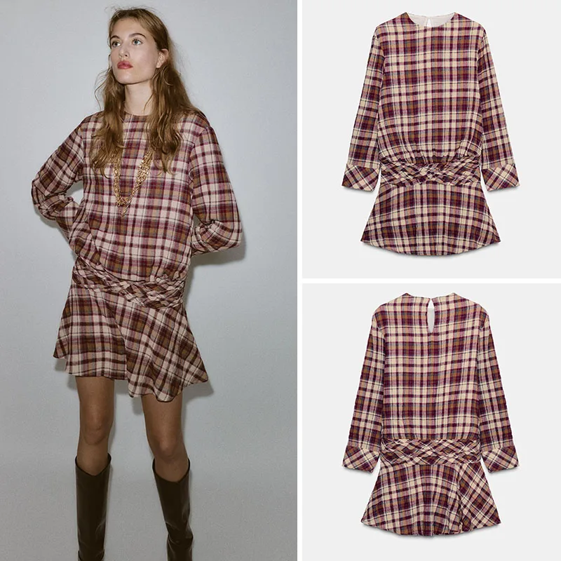 

New Autumn Women's Dress round Neck Long Sleeve Plaid Pattern College Style ZA2025 2025 Season Fashionable Ladies' Gown