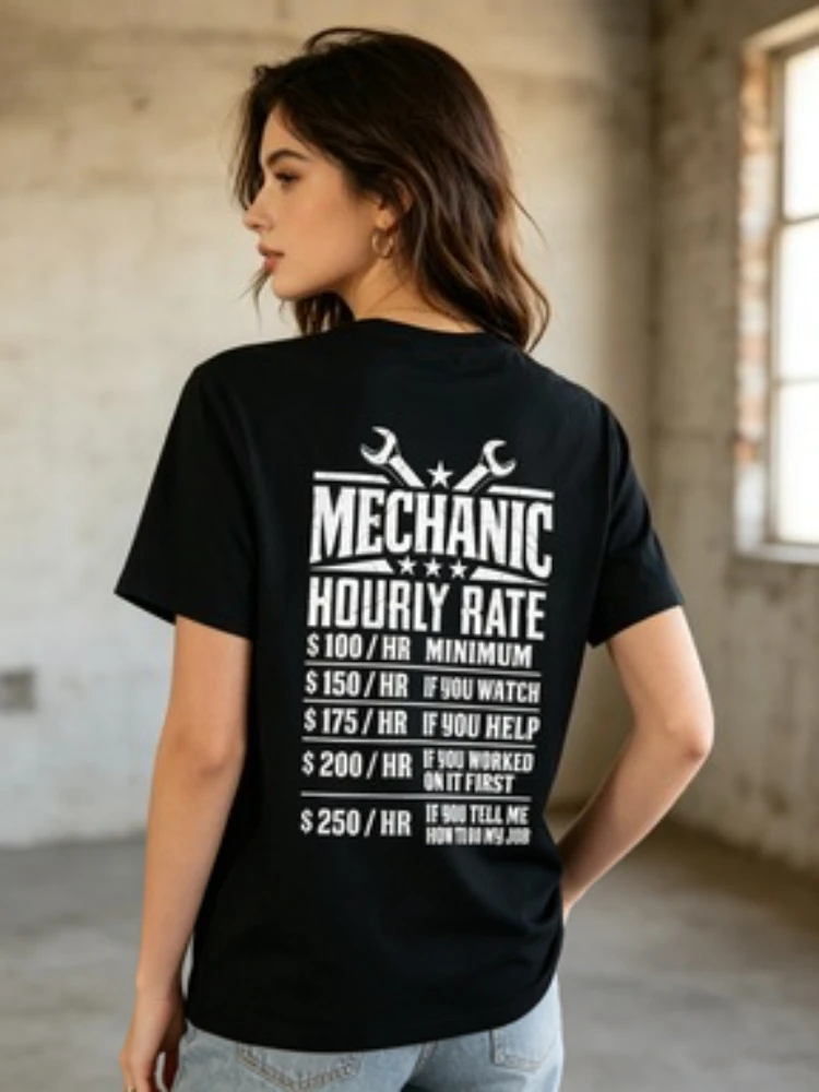 Funny Mechanic Hourly Rate - Graphic Design T-Shirt - Back Tops Tees Funky Casual Women Tshirts Family