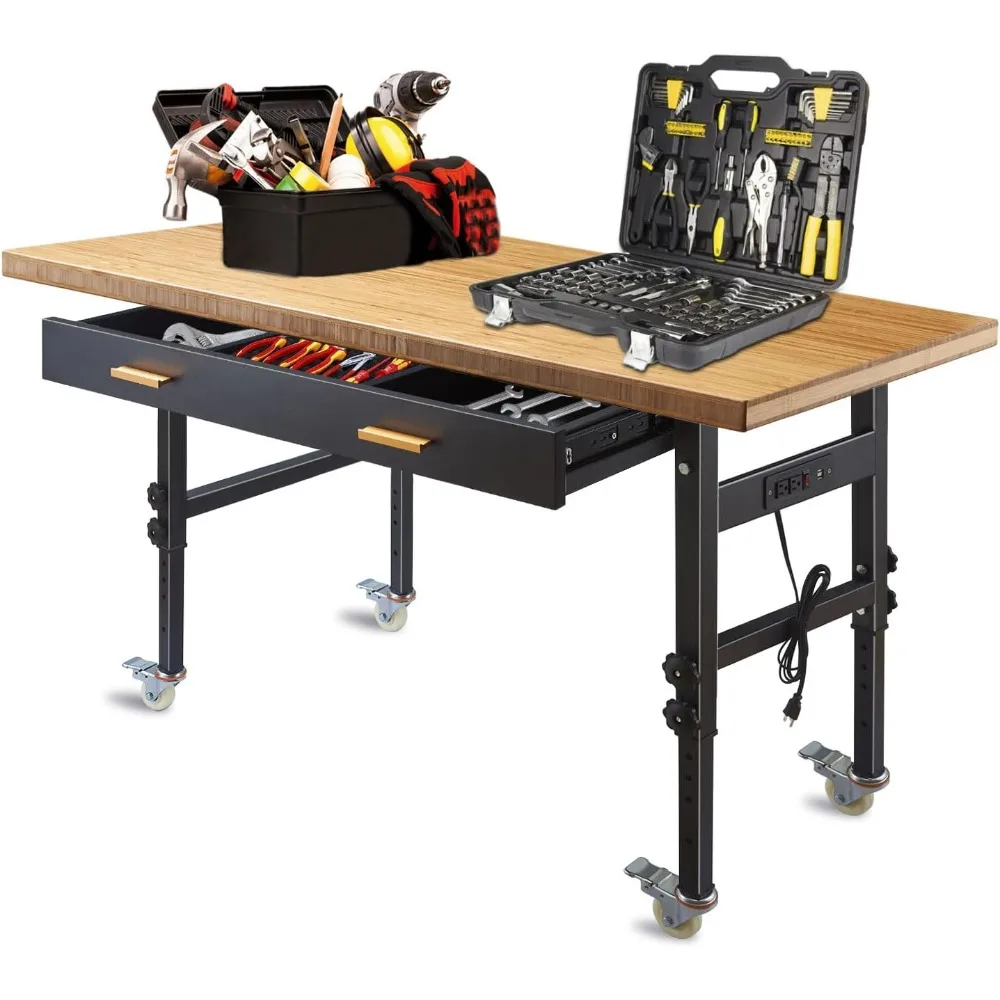 60" Adjustable Work Bench with Drawer Storage, Power Outlet, and Wheels Heavy Duty Work Table for Home, Garage, and Office