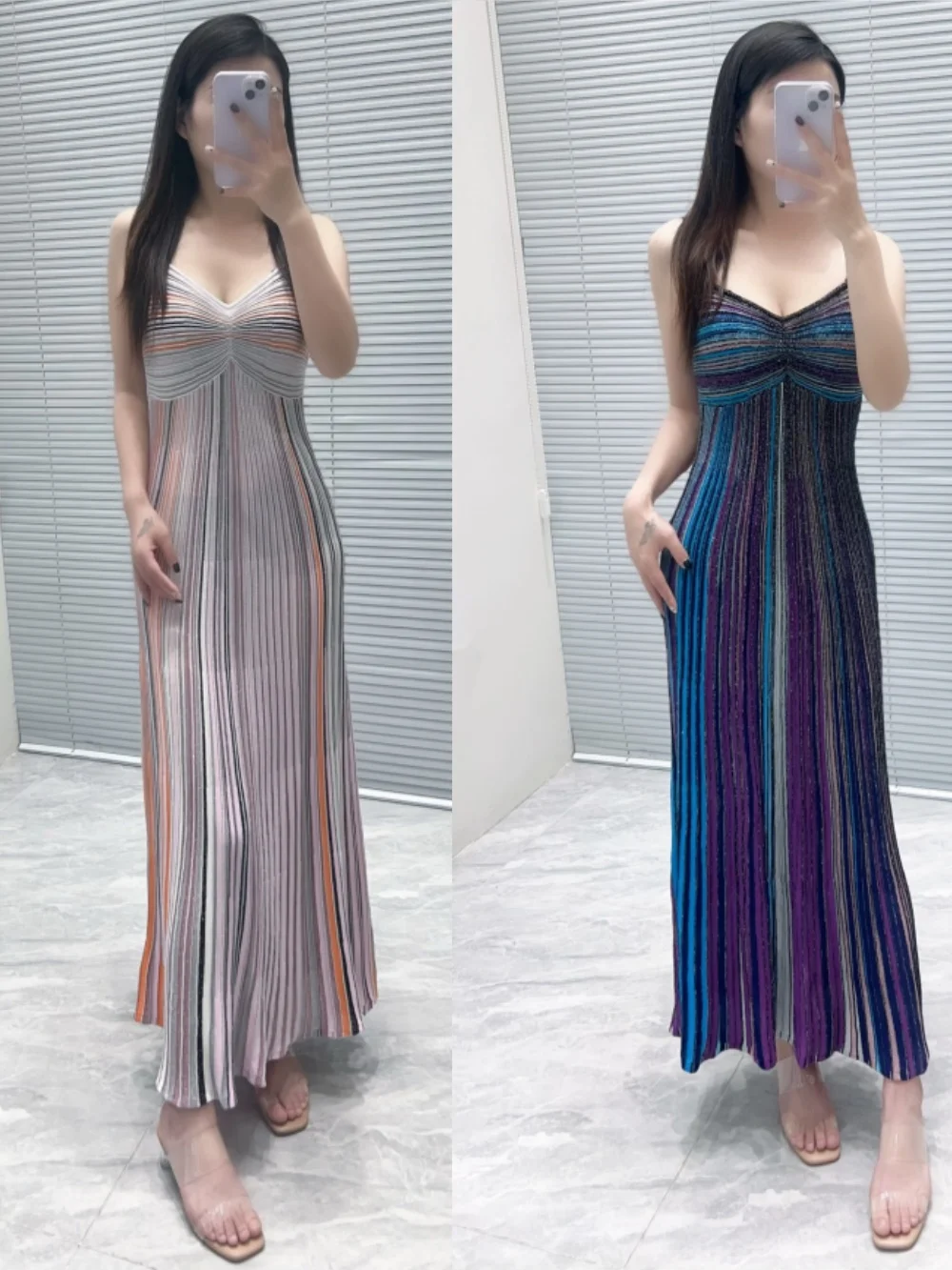 

Sequined Multicolor Striped Women Sling Robe 2025 New V-Neck High Waist Sleeveless Vintage Slim Knitted Long Dress