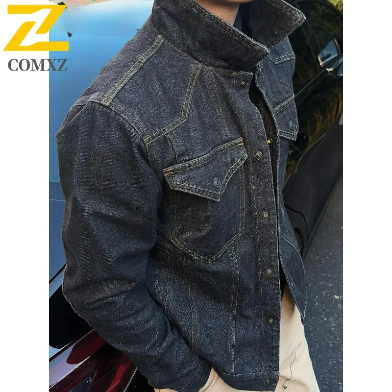 

COMXZ Brand Luxury Jacket Winter Camping Fleece Lined Plus Size Denim Jacket American Style Lightweight Winter Men Clothing