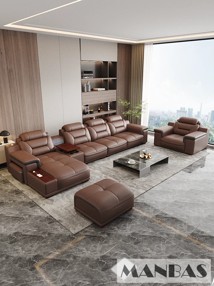 MANBAS Italian Genuine Leather Sectional Sofa with USB Charging, Bluetooth Speaker and Projector - Perfect for Your Living Room