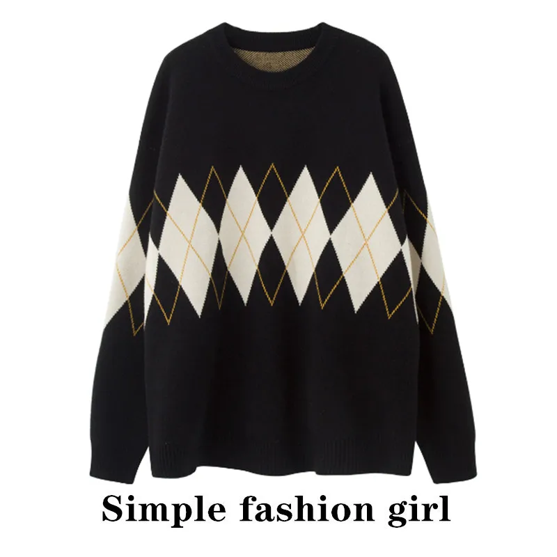 

Spring 2025 Women's Loose Knitted Sweater round Ne Retro Color Blo Diamond Patterned Outerwear Comfortable Commute Sle