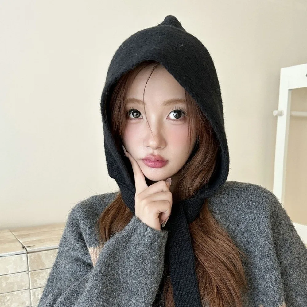 

Vintage Korean Style Balaclava Cap Soft Ear Protection Coldproof Hooded Caps Warm Thicken Knitted Beanies Hats Women