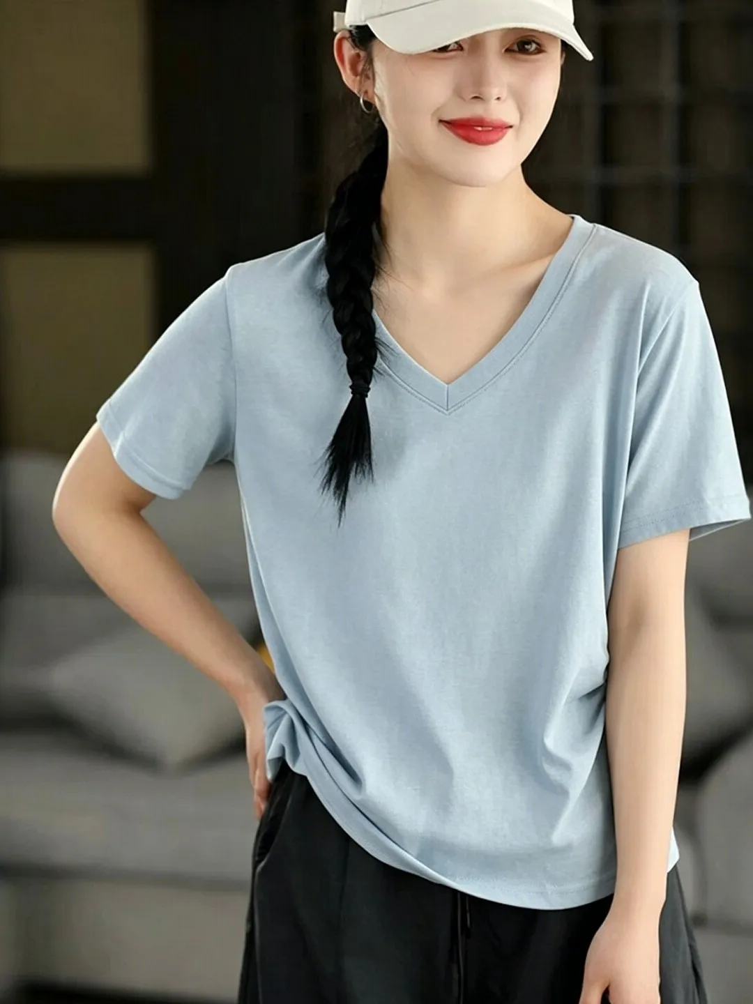 

Loose V-Neck Short Sleeve Women's T-Shirt Summer New Style Casual Comfortable Breathable Large Size Fashionable Top