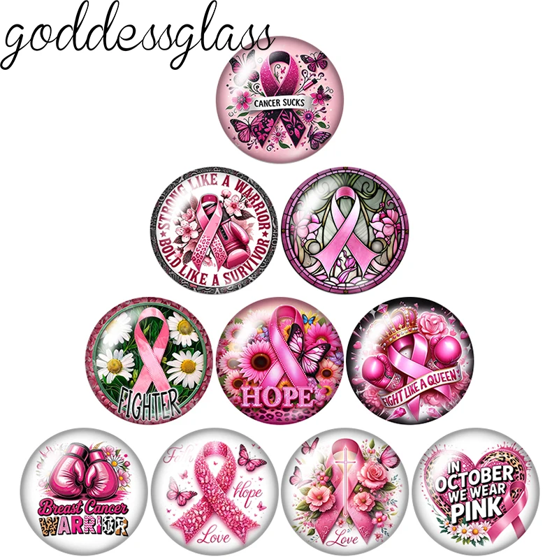 Pink Ribbon Fighting Against Cancer Symbol 12mm/18mm/20mm/25mm Round Photo Glass Cabochon Flat Back Making Findings Jewelry