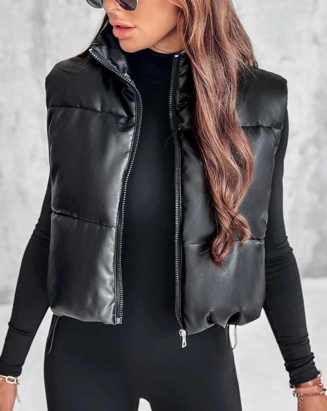 Winter Jacket Woman 2024 Casual Versatile Fashion Short Down Vest Pu Leather Stand Collar Drawstring Hem Zip Up Puffer Vest Coat