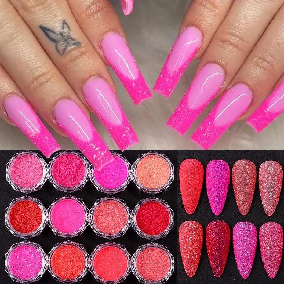 12 Boxen Red Candy Glitter Nagelstaub-Set Sparkle Holo Sweet Light/Dunkelrosa Nagelpulver Glänzendes Zucker-Nagelpigmentzubehör