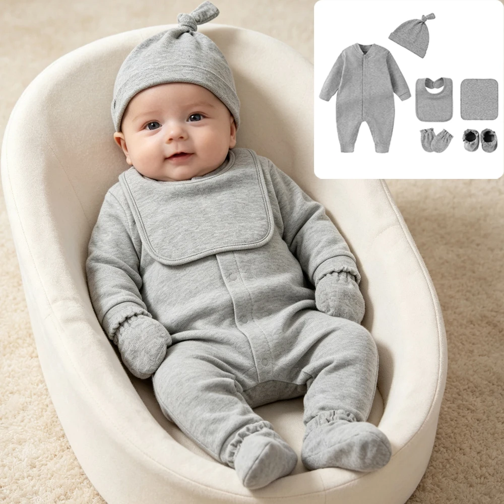 0-24M Newborn Baby Clothing Sets Boys Girls Boutique Baby Hospital Set Cotton Rompers Button+Drool Bib+Hat+Feet Wrap Baby Outfit