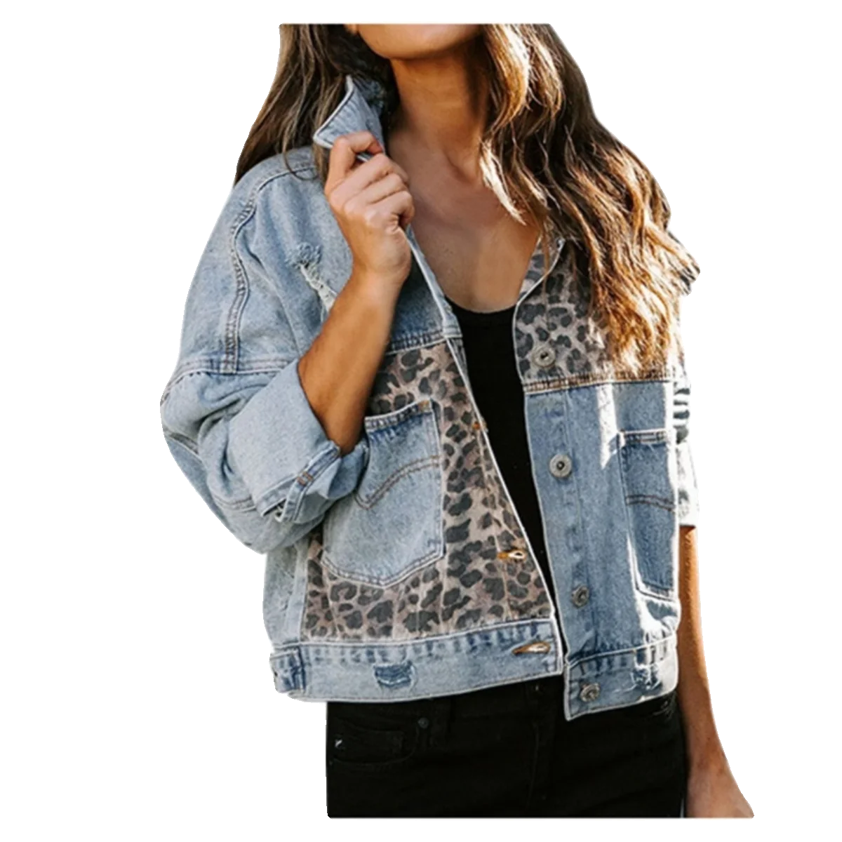 Primavera Autunno ort Denim Jaet Stazione indipendente da donna Modello spot Splicing Stampa leopardata Jaet Bottone superiore Sle