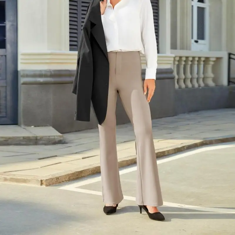 77HE レディース ブーツカット ドレスパンツ ビジネス カジュアル ワークパンツ ポケット付き ハイウエスト ストレッチ パンツ プルオン オフィス スラックス