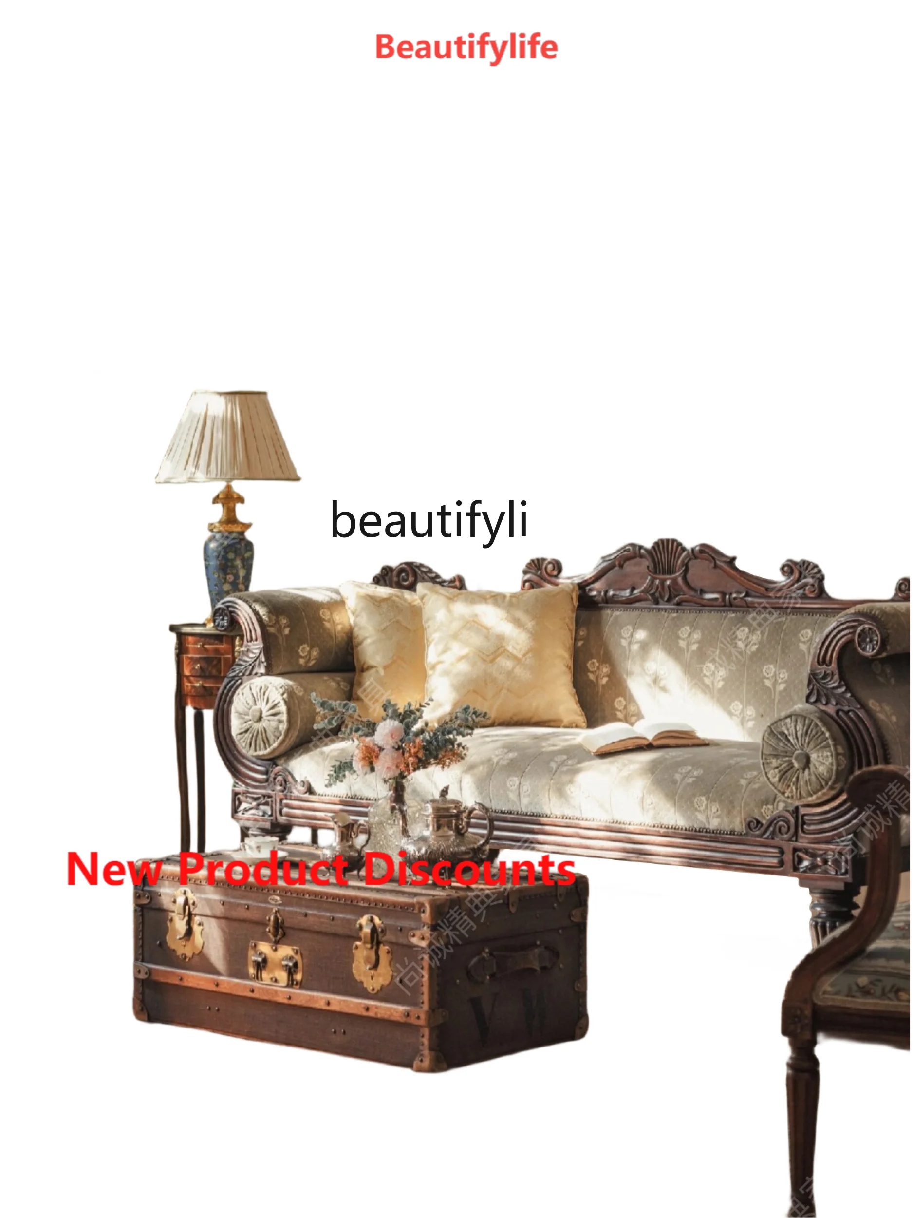 

X188 Retro French Wood Carved Sofa Fabric Three-Person Villa High-End American Living Room