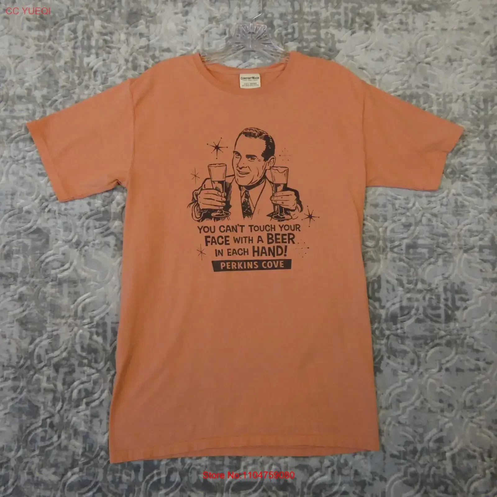 Perkins Cove T Shirt Men's Small Peach Orange Maine Two Beers Vacation Destination vintage Washed Casual Stretched